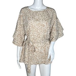 Betsey's Boutique Shop Shirt Women Small Tan White Polka Dot Blouse Neutral Boho